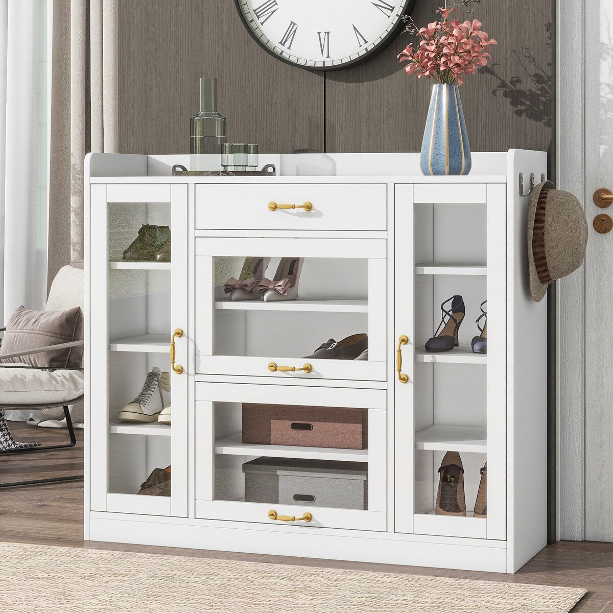 Modernist Side Cabinet with 4 Glass Doors & 3 Hooks, Freestanding Shoe Rack with Multiple Adjustable Shelves