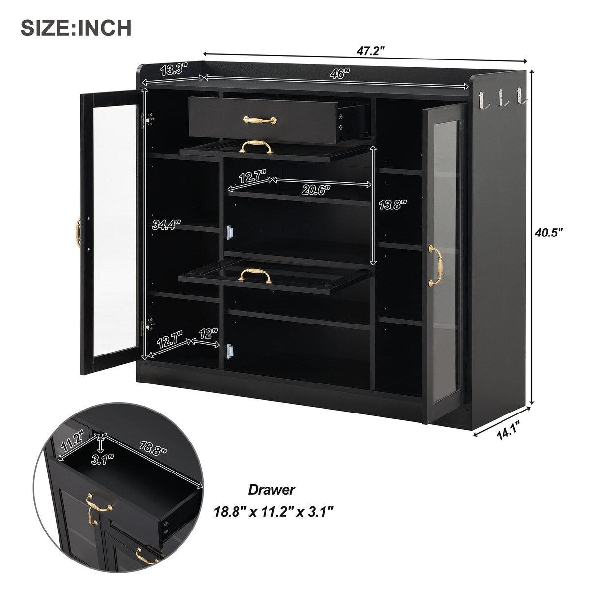 Modernist Side Cabinet with 4 Glass Doors & 3 Hooks, Freestanding Shoe Rack with Multiple Adjustable Shelves