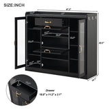 Modernist Side Cabinet with 4 Glass Doors & 3 Hooks, Freestanding Shoe Rack with Multiple Adjustable Shelves
