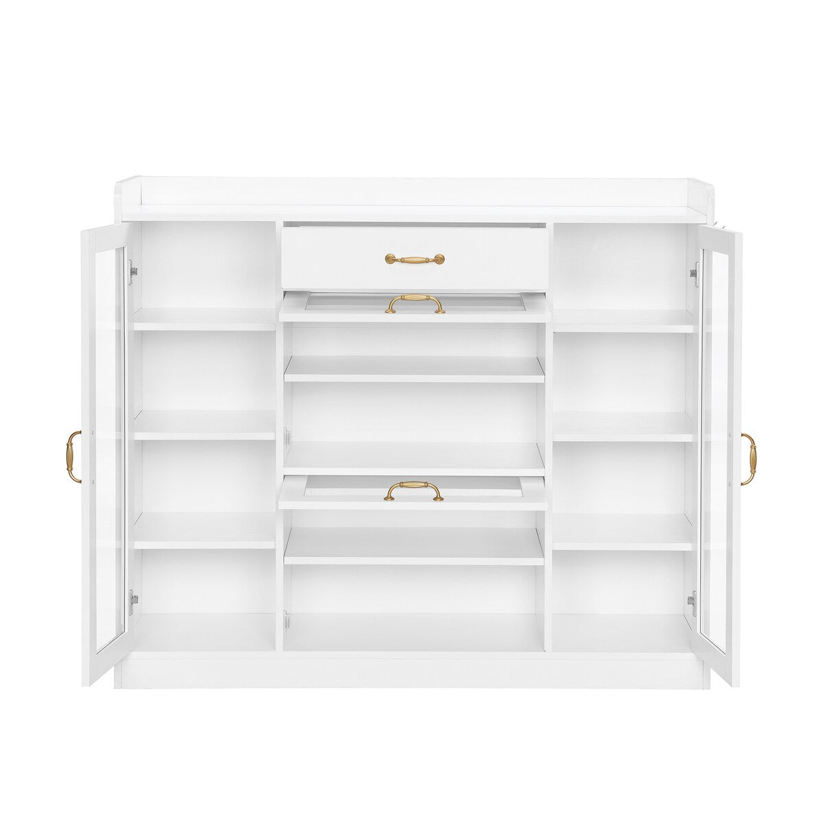 Modernist Side Cabinet with 4 Glass Doors & 3 Hooks, Freestanding Shoe Rack with Multiple Adjustable Shelves