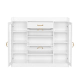 Modernist Side Cabinet with 4 Glass Doors & 3 Hooks, Freestanding Shoe Rack with Multiple Adjustable Shelves