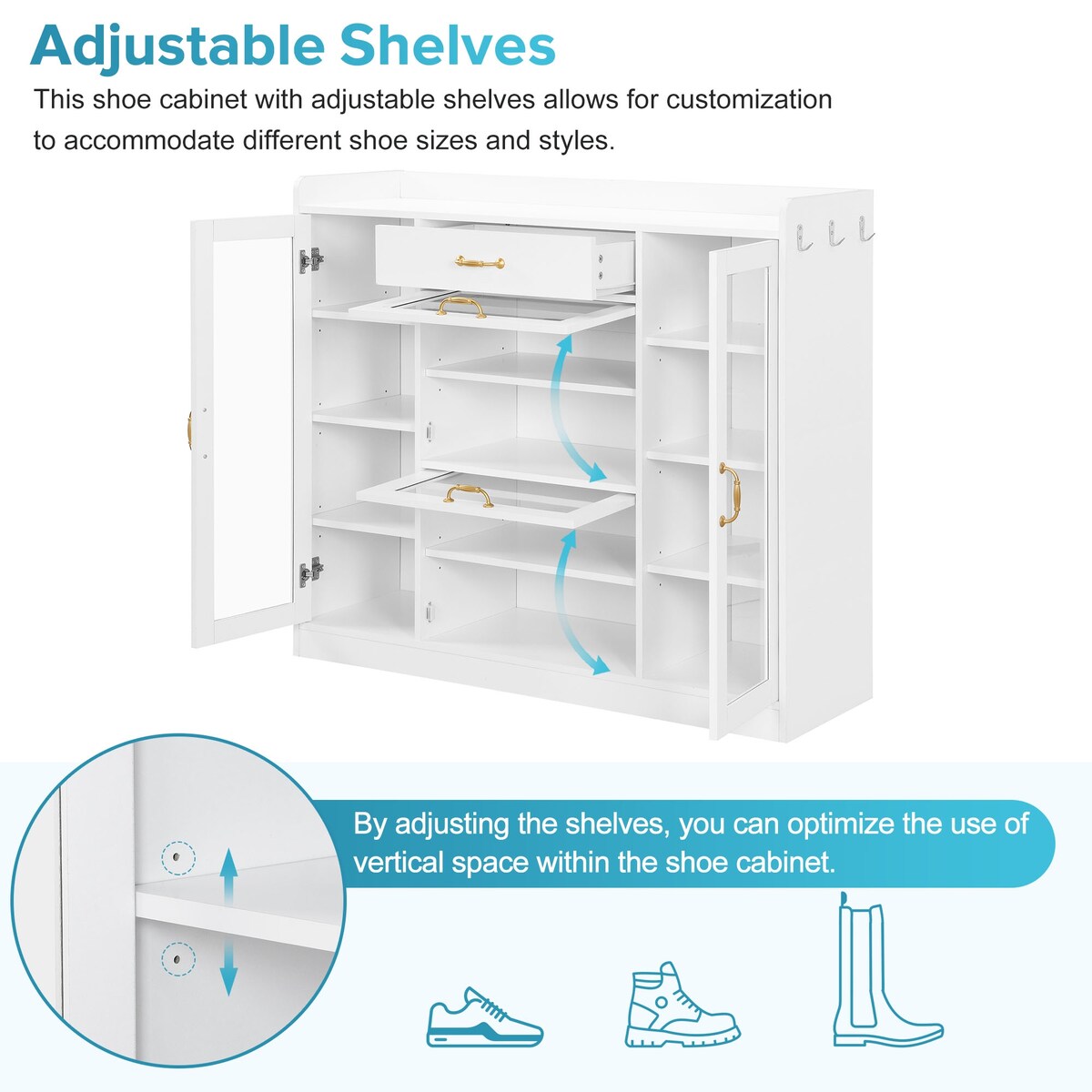 Modernist Side Cabinet with 4 Glass Doors & 3 Hooks, Freestanding Shoe Rack with Multiple Adjustable Shelves