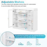 Modernist Side Cabinet with 4 Glass Doors & 3 Hooks, Freestanding Shoe Rack with Multiple Adjustable Shelves
