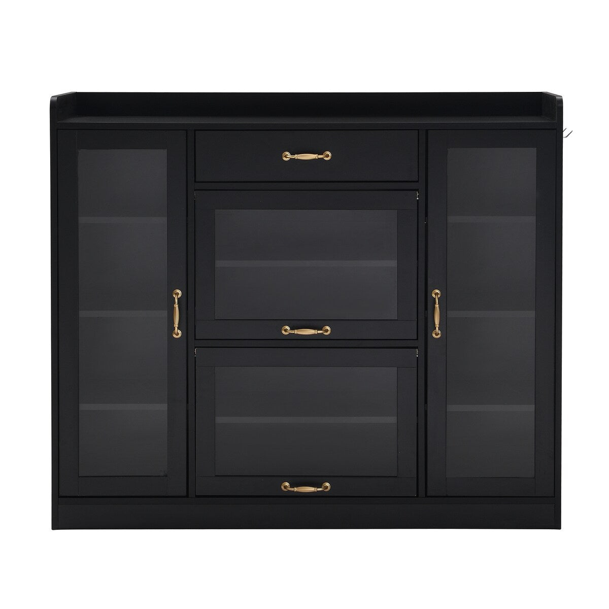Modernist Side Cabinet with 4 Glass Doors & 3 Hooks, Freestanding Shoe Rack with Multiple Adjustable Shelves