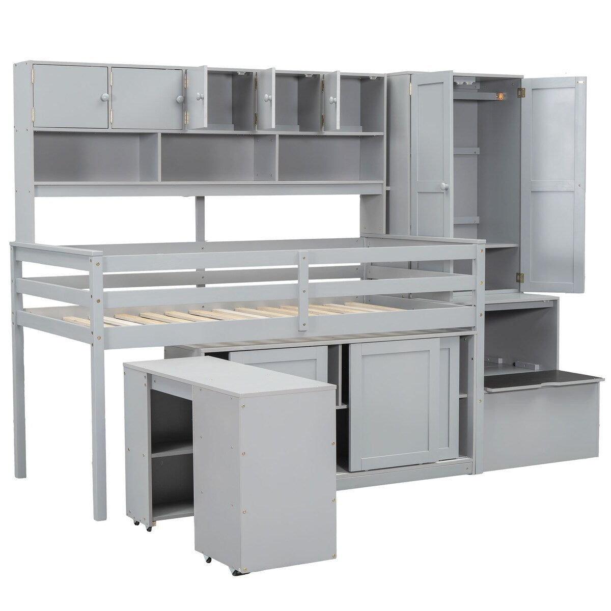 Modren Twin Size Wooden Loft Bed With Big Storage and Under-bed Desk and Drawers and Shelves for Bedroom