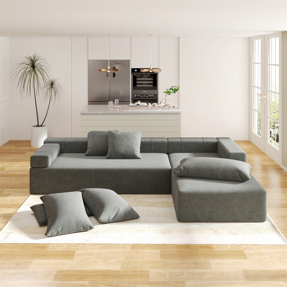 Modular 108" L Shaped Upholstered Sectional Sofa Set with 6 Pillows