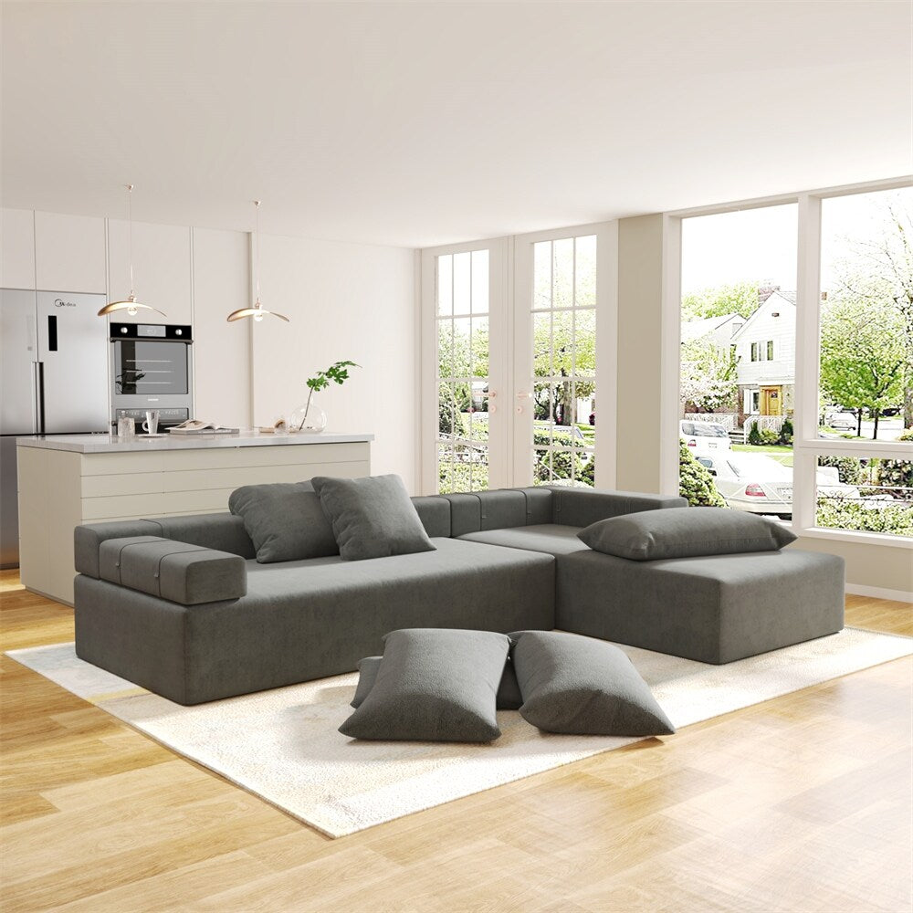 Modular 108" L Shaped Upholstered Sectional Sofa Set with 6 Pillows