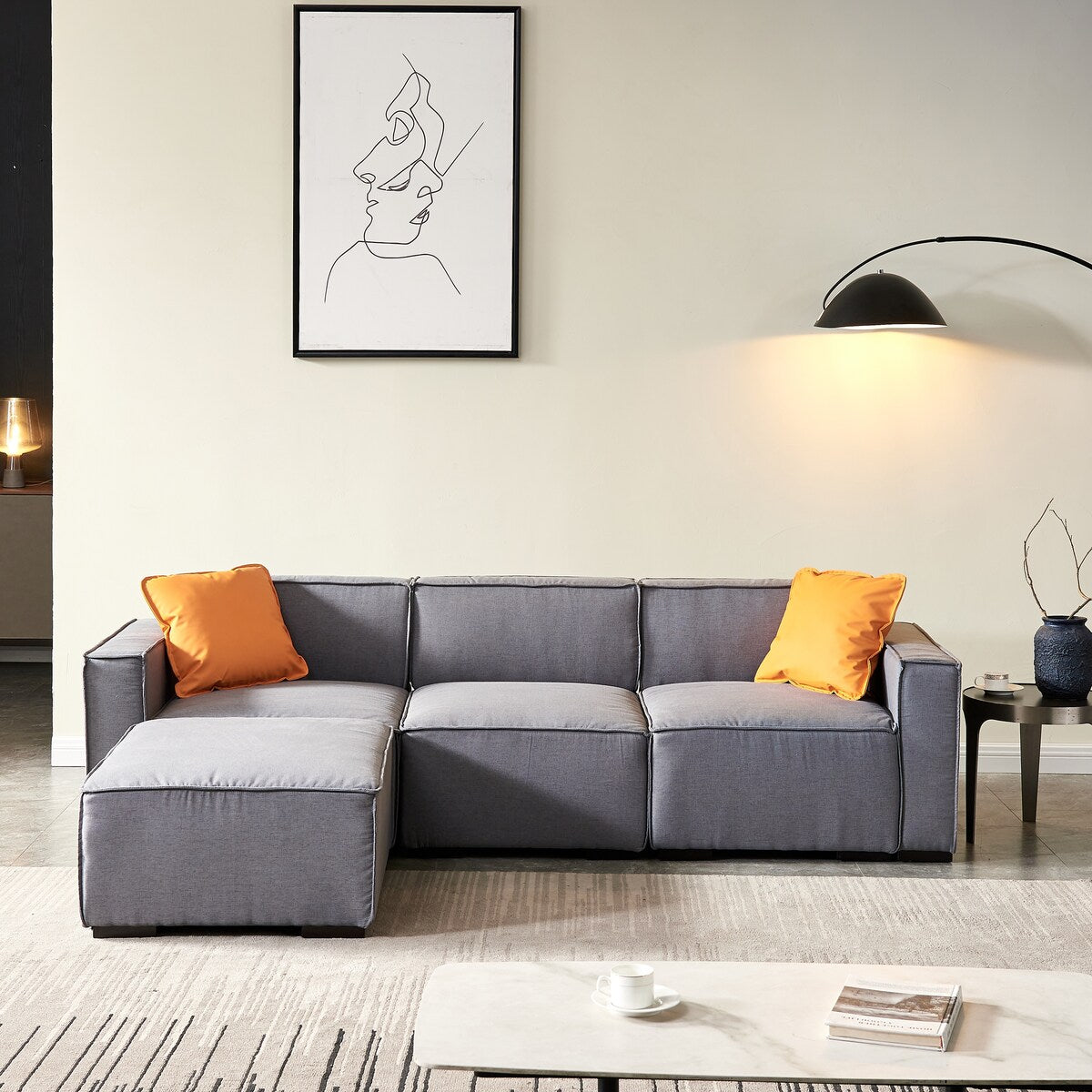 Modular L-Shape Sectional Sofa Linen Upholstered 4-Seat Couch with Convertible Ottoman Chaise & Pillows Included for Living Room
