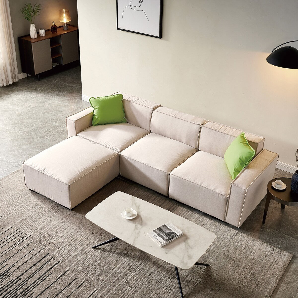 Modular L-Shape Sectional Sofa Linen Upholstered 4-Seat Couch with Convertible Ottoman Chaise & Pillows Included for Living Room