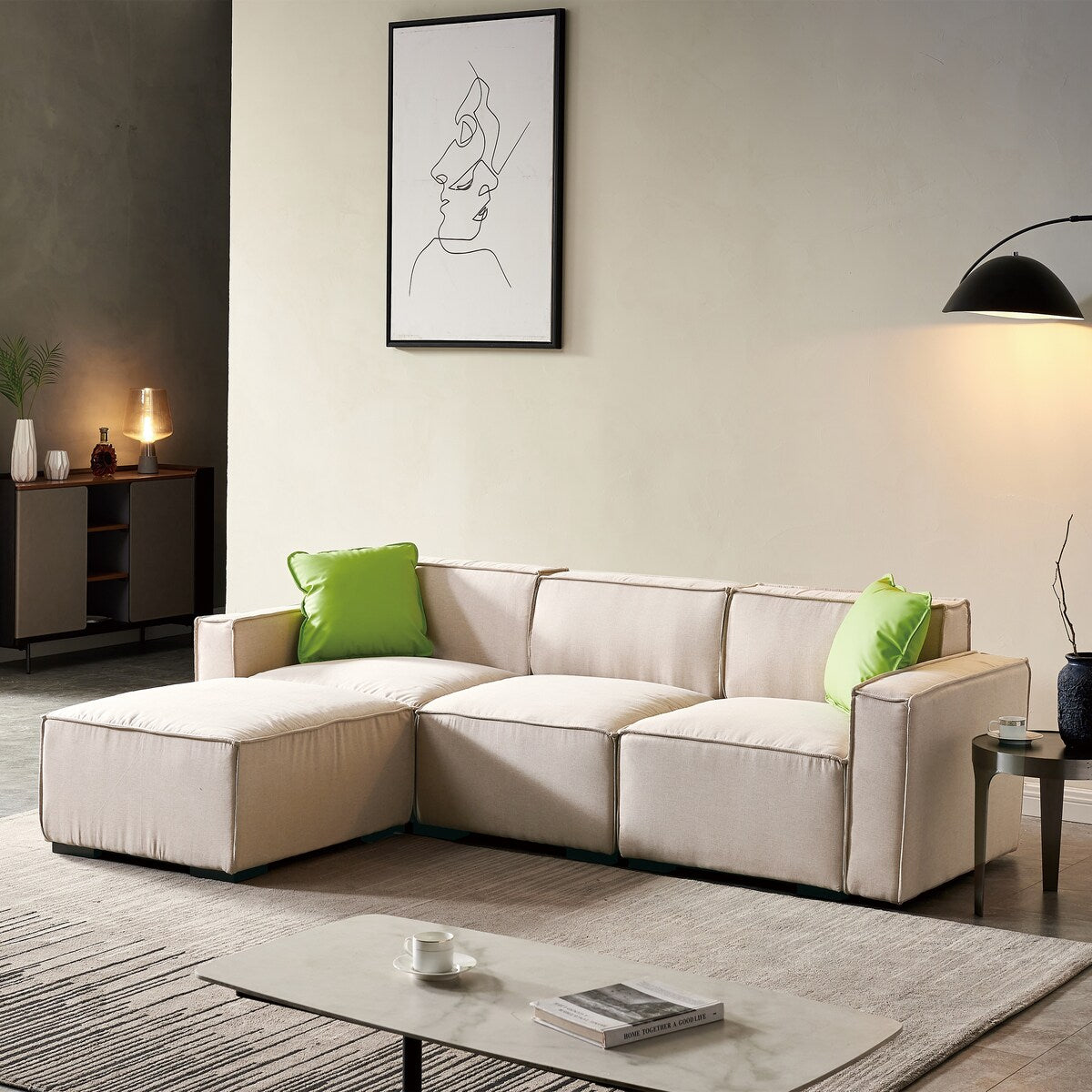 Modular L-Shape Sectional Sofa Linen Upholstered 4-Seat Couch with Convertible Ottoman Chaise & Pillows Included for Living Room