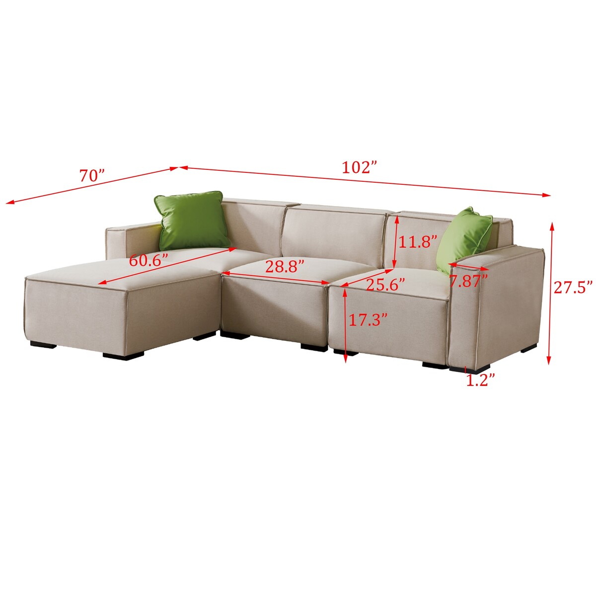 Modular L-Shape Sectional Sofa Linen Upholstered 4-Seat Couch with Convertible Ottoman Chaise & Pillows Included for Living Room