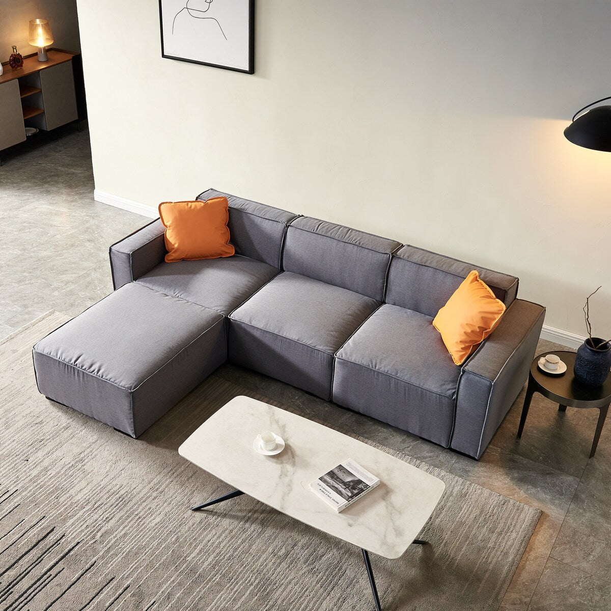 Modular L-Shape Sectional Sofa Linen Upholstered 4-Seat Couch with Convertible Ottoman Chaise & Pillows Included for Living Room