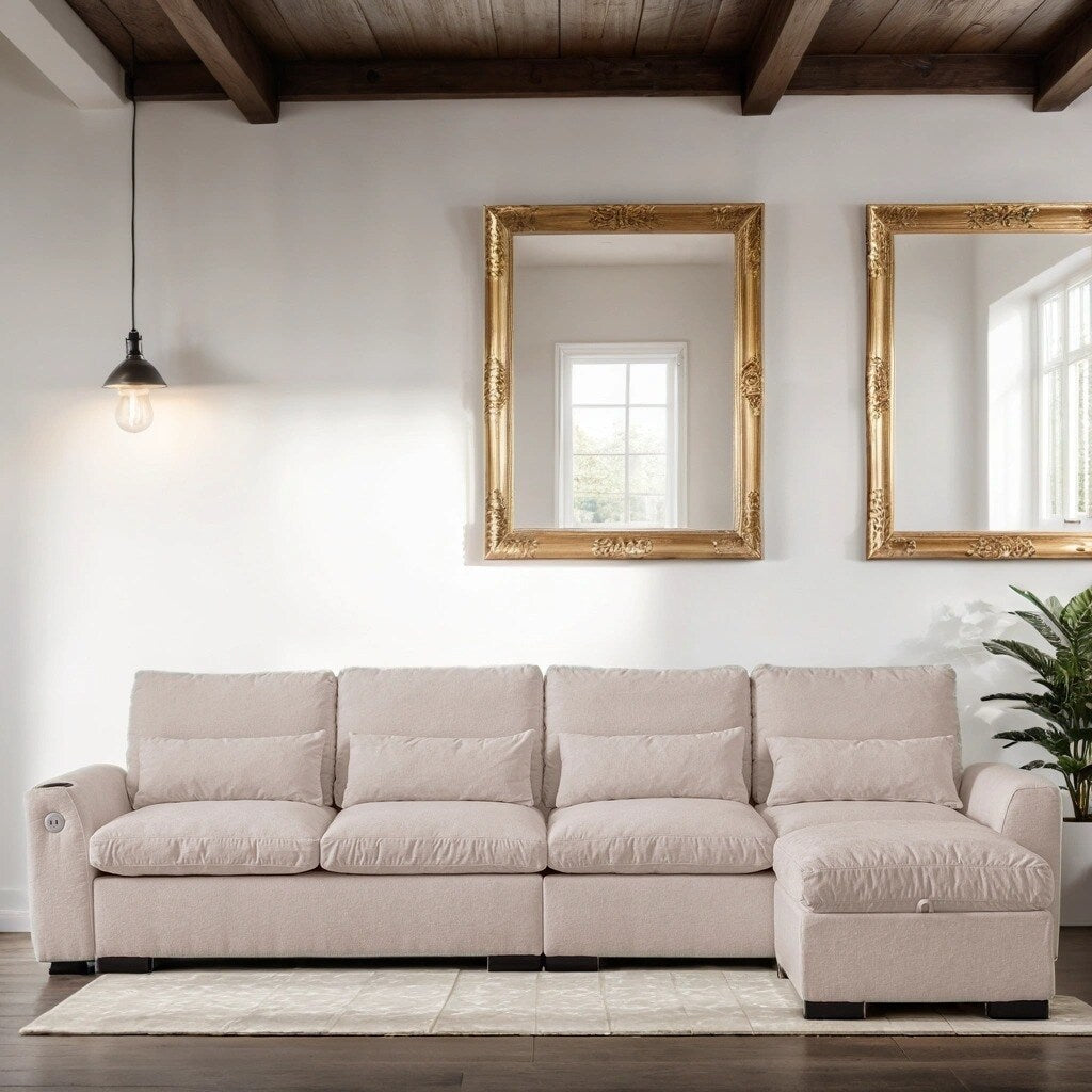 Modular L Shaped Chenille Sofa Couch With Storage Removable and Washable Cushions Sofa With USB Ports & Cup Holder, Grey