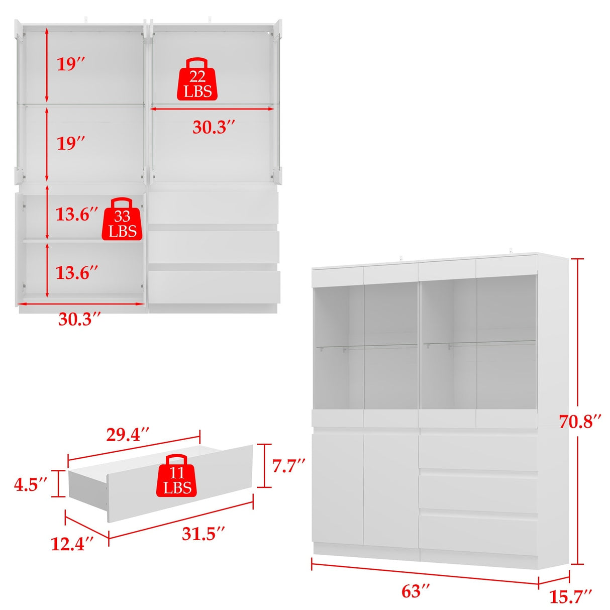 Modular Large display case,Bar Cabinet with glass doors,drawers,lights