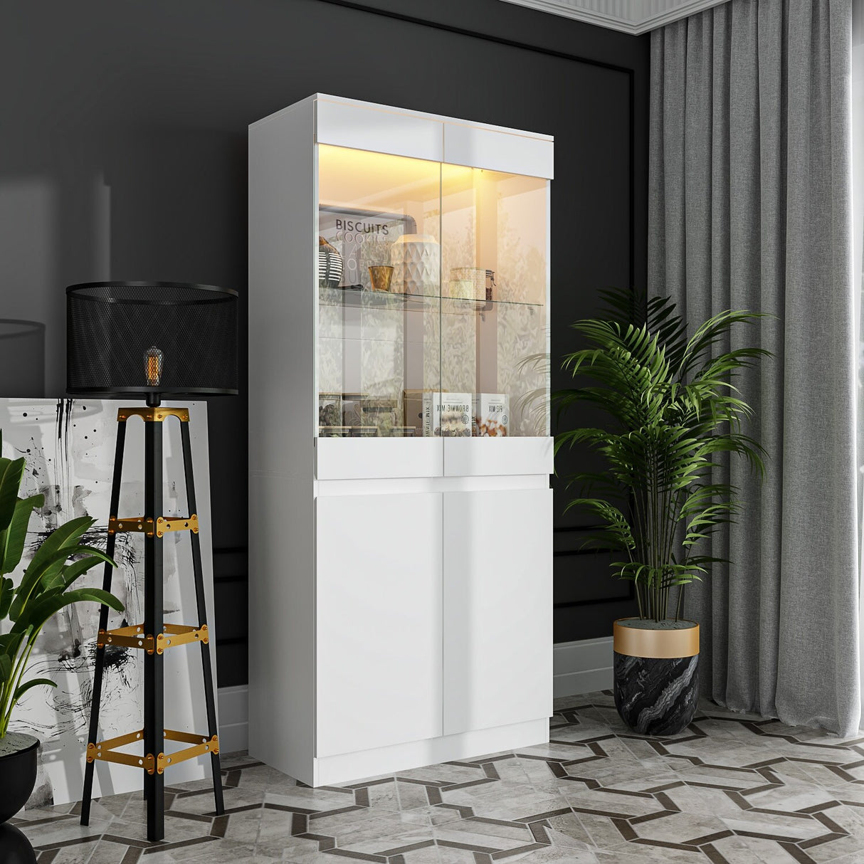 Modular Large display case,Bar Cabinet with glass doors,drawers,lights