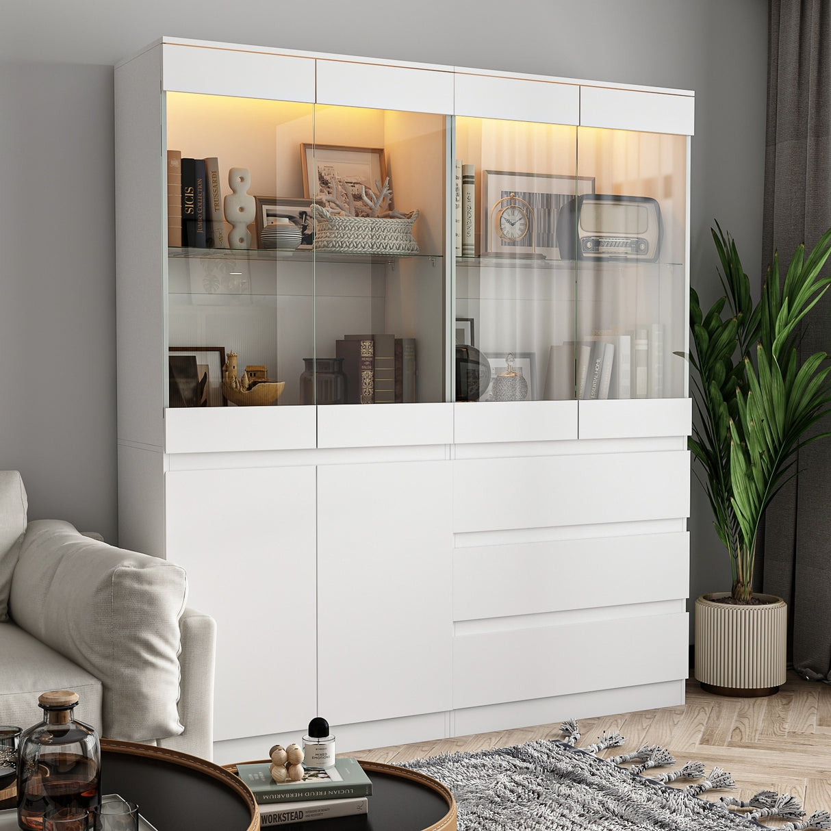 Modular Large display case,Bar Cabinet with glass doors,drawers,lights