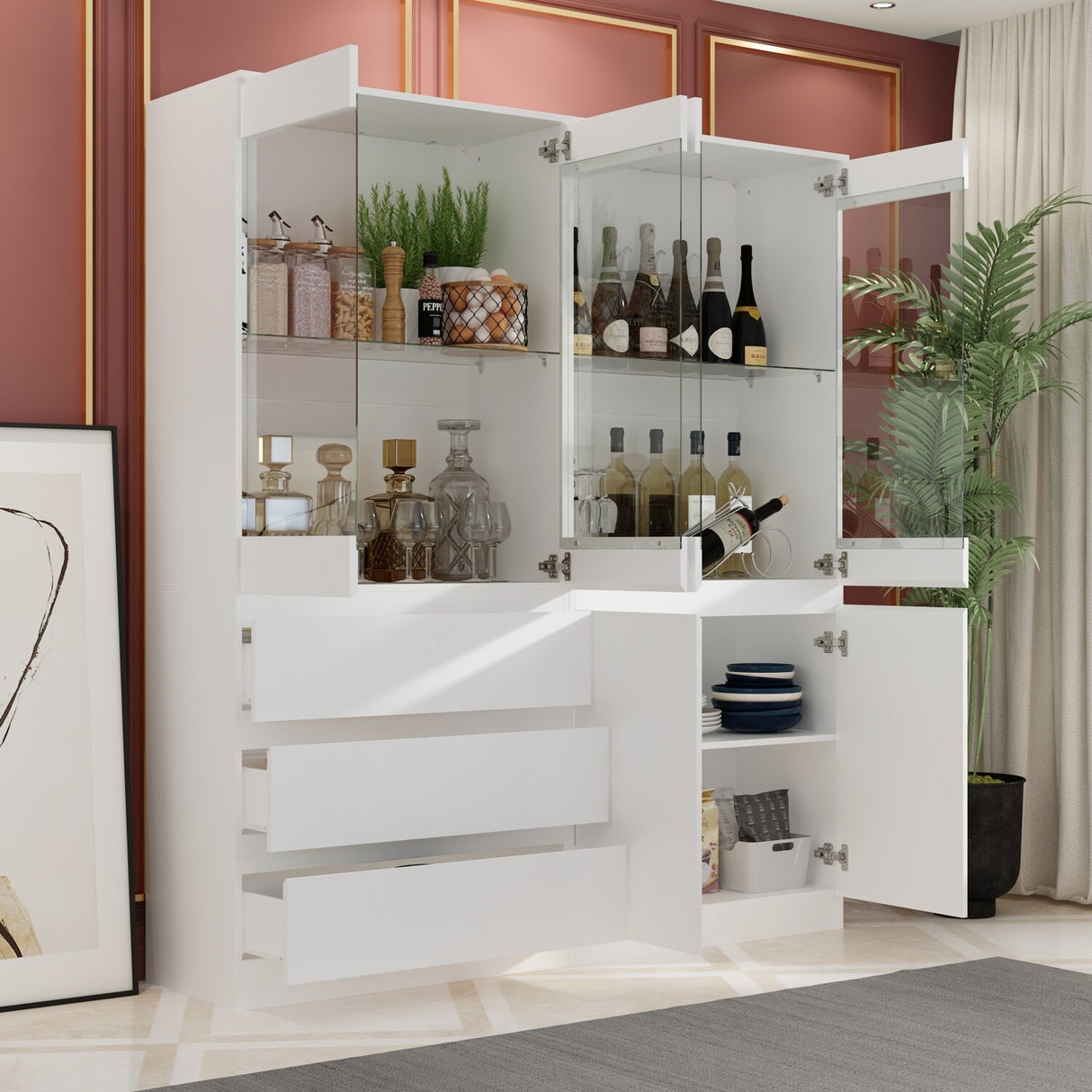 Modular Large display case,Bar Cabinet with glass doors,drawers,lights