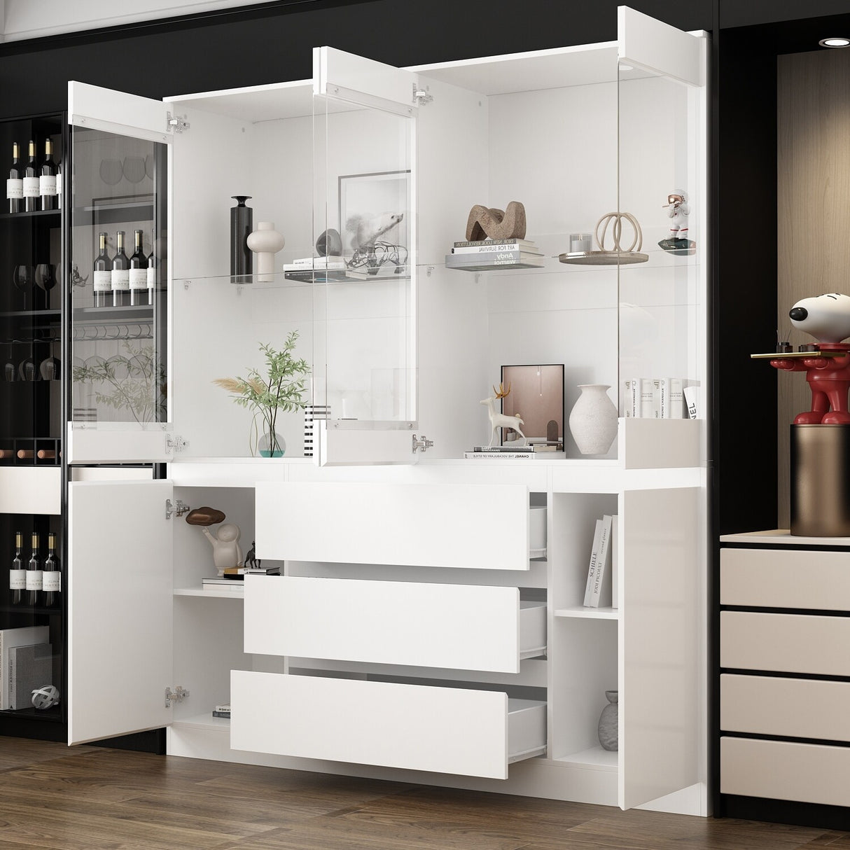 Modular Large display case,Bar Cabinet with glass doors,drawers,lights