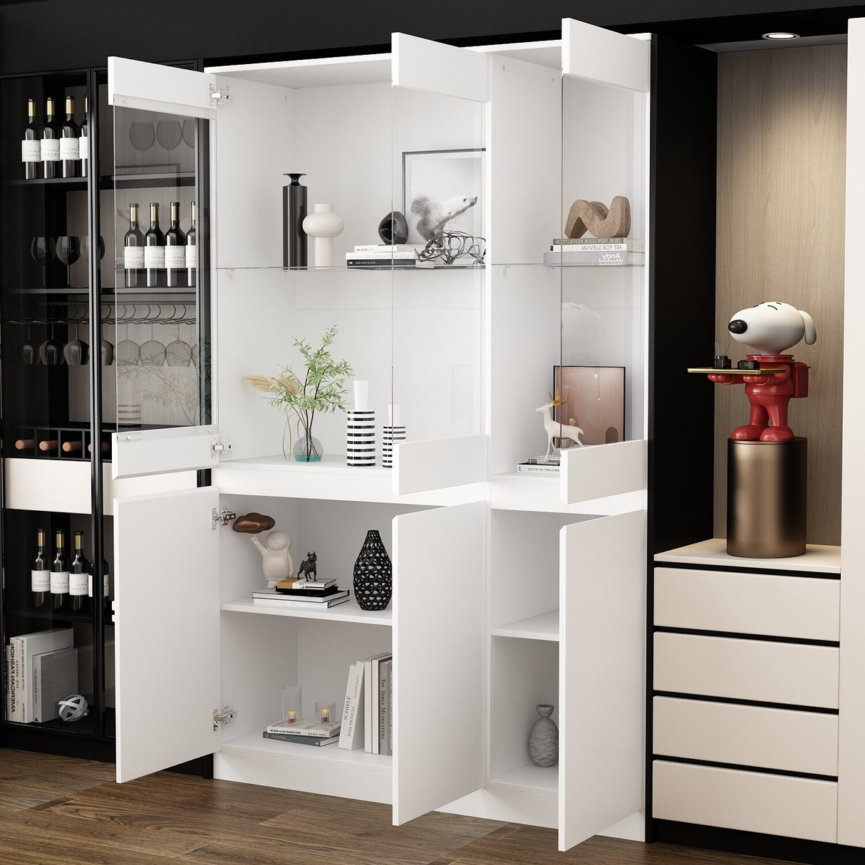 Modular Large display case,Bar Cabinet with glass doors,drawers,lights