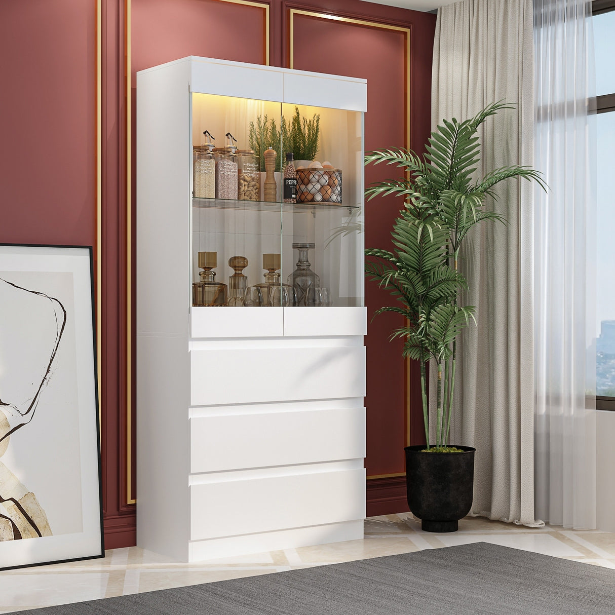 Modular Large display case,Bar Cabinet with glass doors,drawers,lights