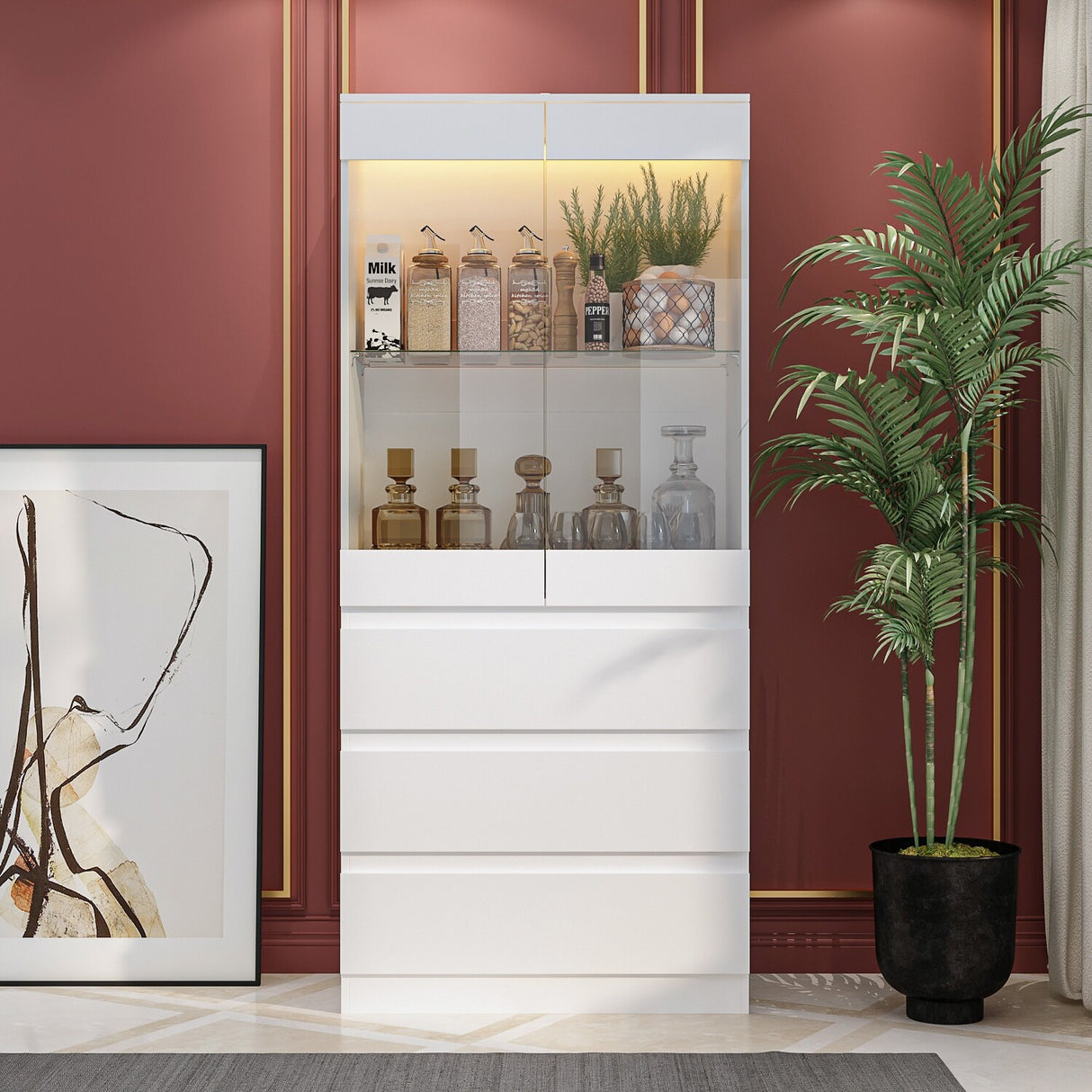Modular Large display case,Bar Cabinet with glass doors,drawers,lights