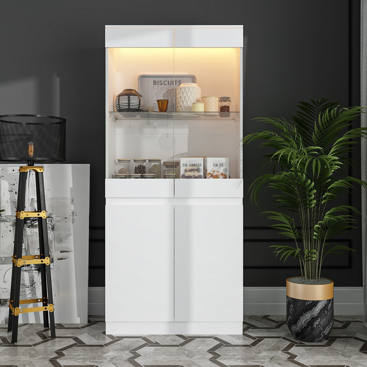 Modular Large display case,Bar Cabinet with glass doors,drawers,lights