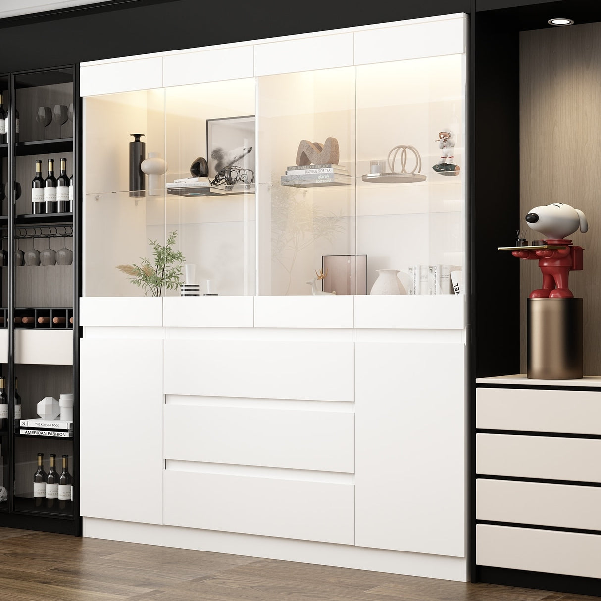 Modular Large display case,Bar Cabinet with glass doors,drawers,lights