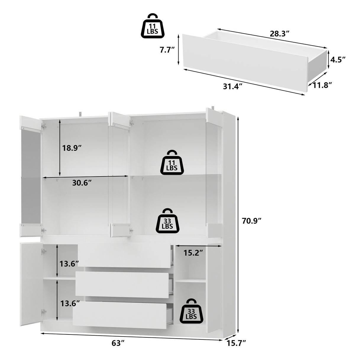 Modular Large display case,Bar Cabinet with glass doors,drawers,lights