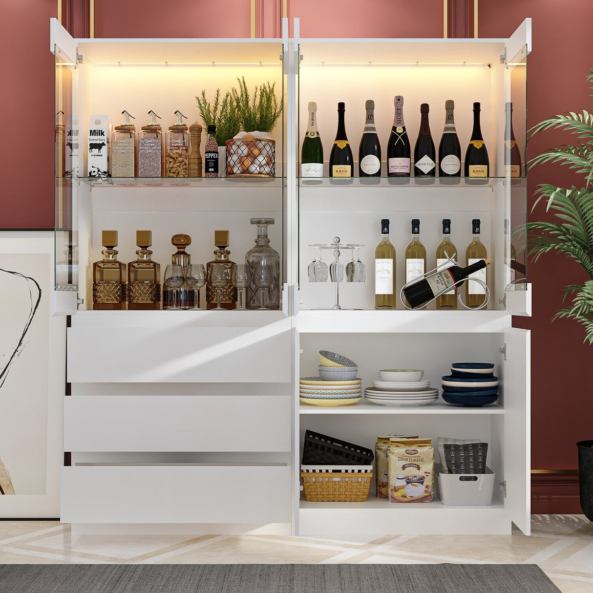 Modular Large display case,Bar Cabinet with glass doors,drawers,lights