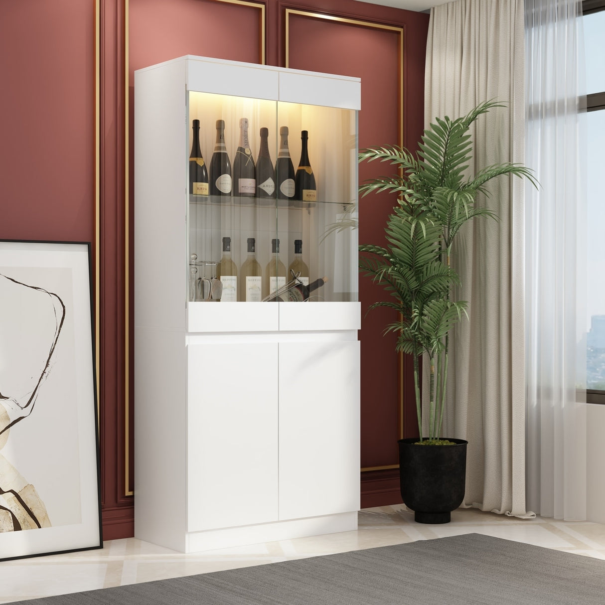 Modular Large display case,Bar Cabinet with glass doors,drawers,lights