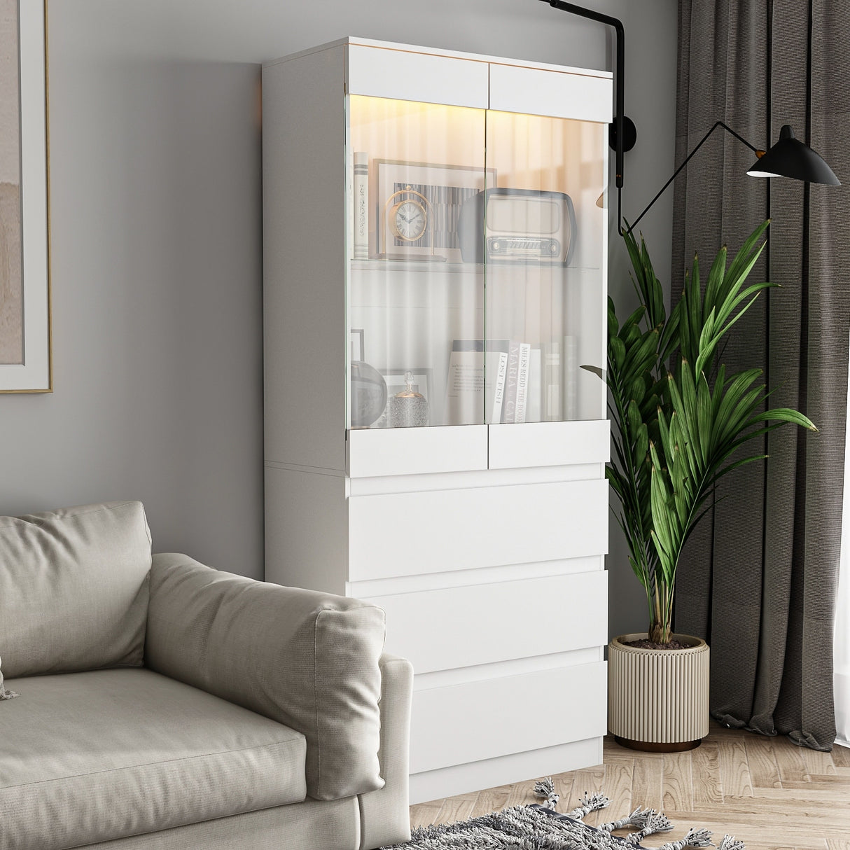 Modular Large display case,Bar Cabinet with glass doors,drawers,lights