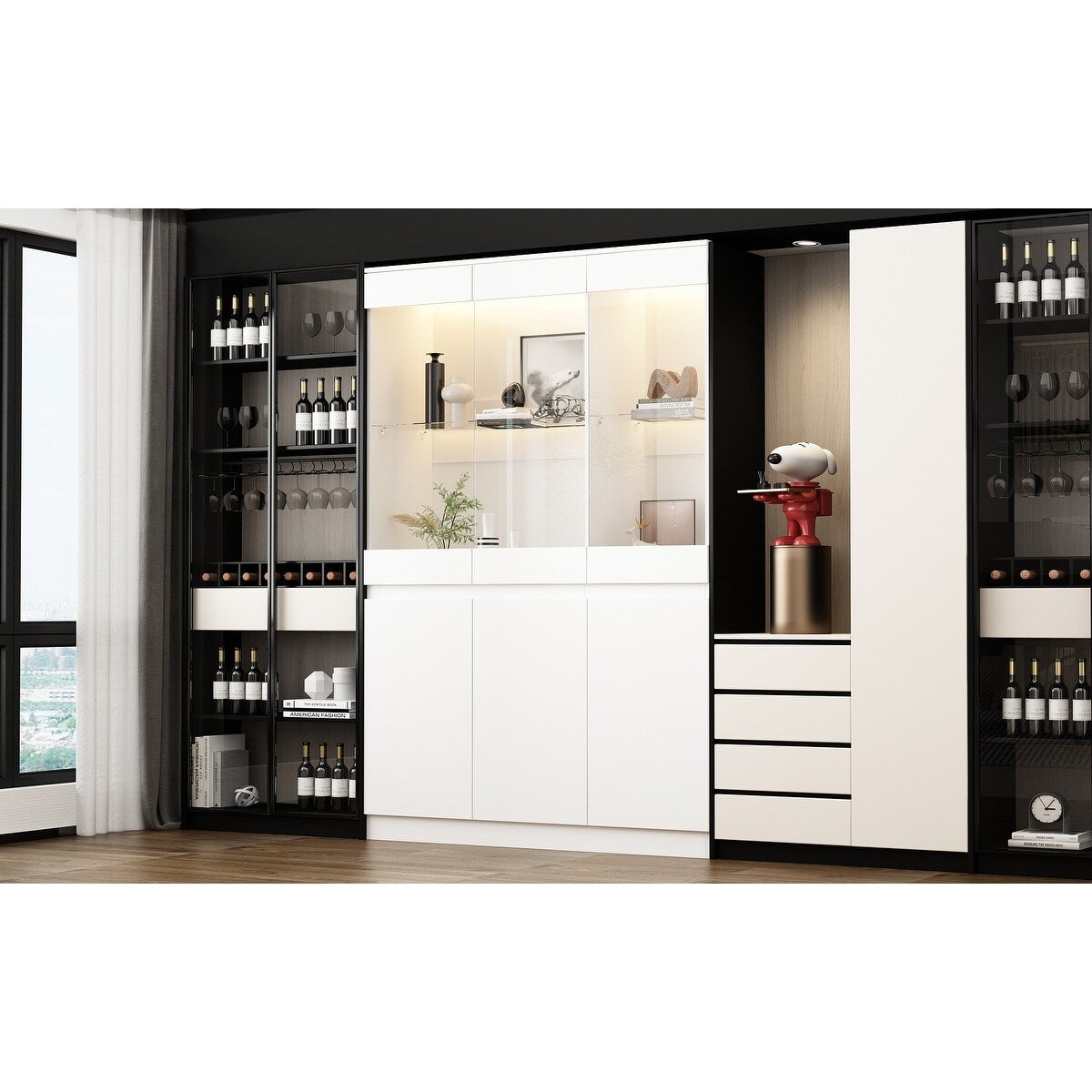 Modular Large display case,Bar Cabinet with glass doors,drawers,lights