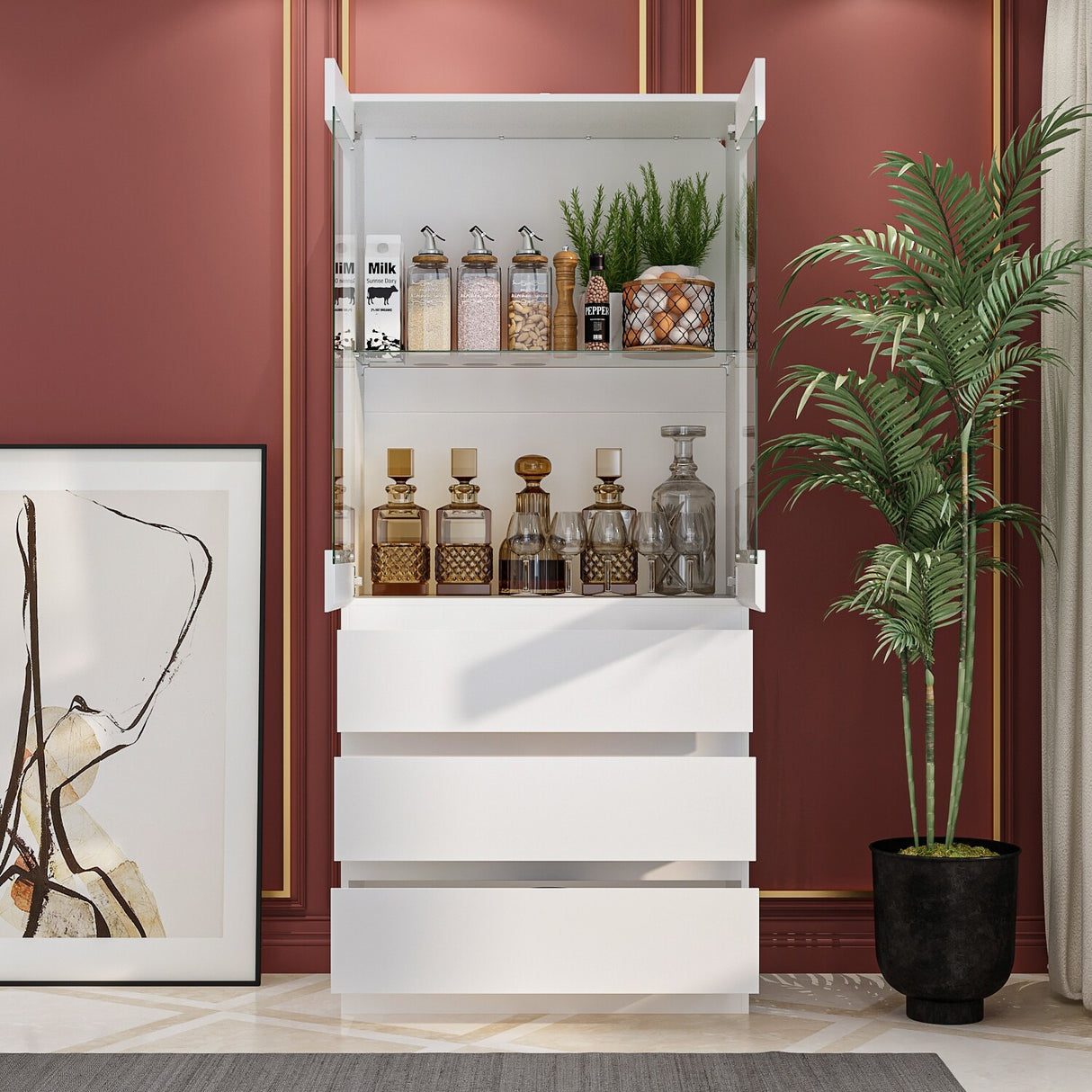 Modular Large display case,Bar Cabinet with glass doors,drawers,lights