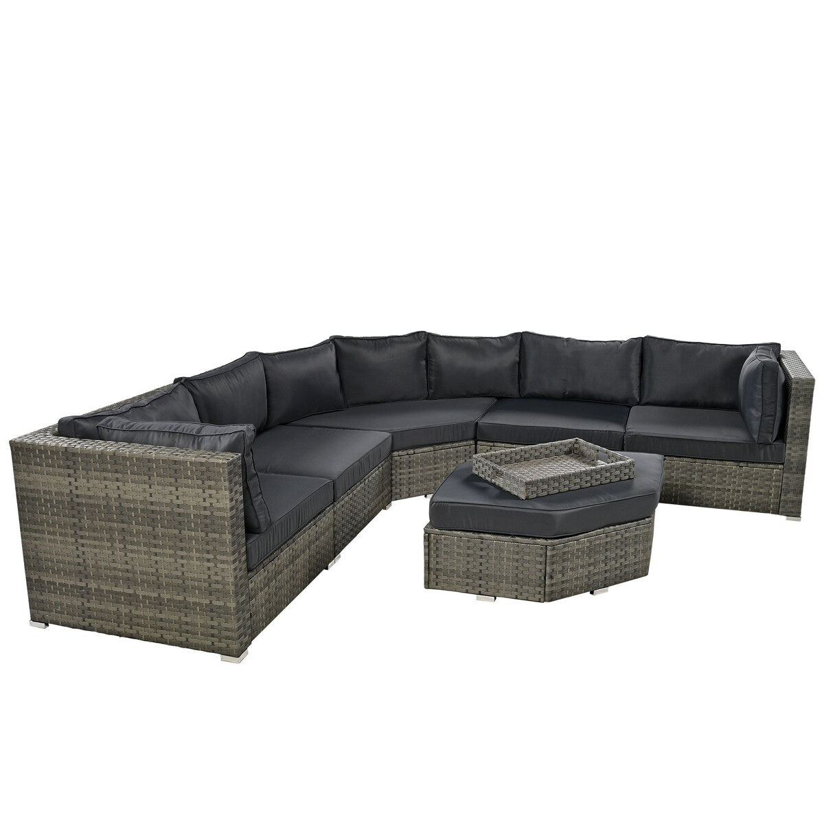Modular Outdoor Couch Patio Furniture Set with Ottoman and Cushions and Small Trays