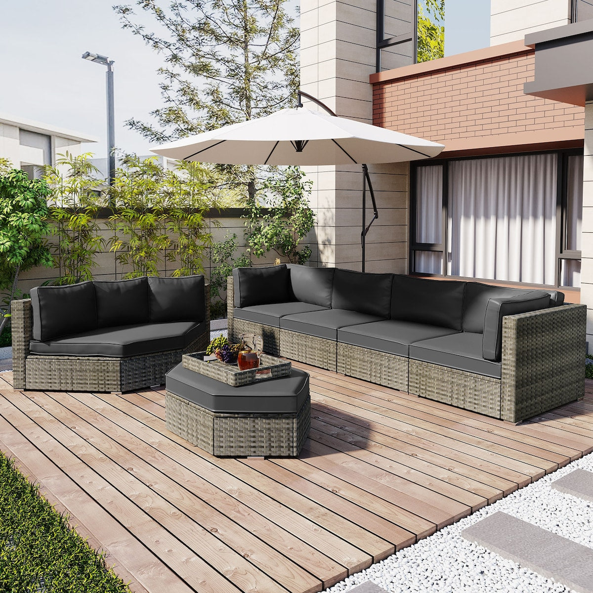 Modular Outdoor Couch Patio Furniture Set with Ottoman and Cushions and Small Trays