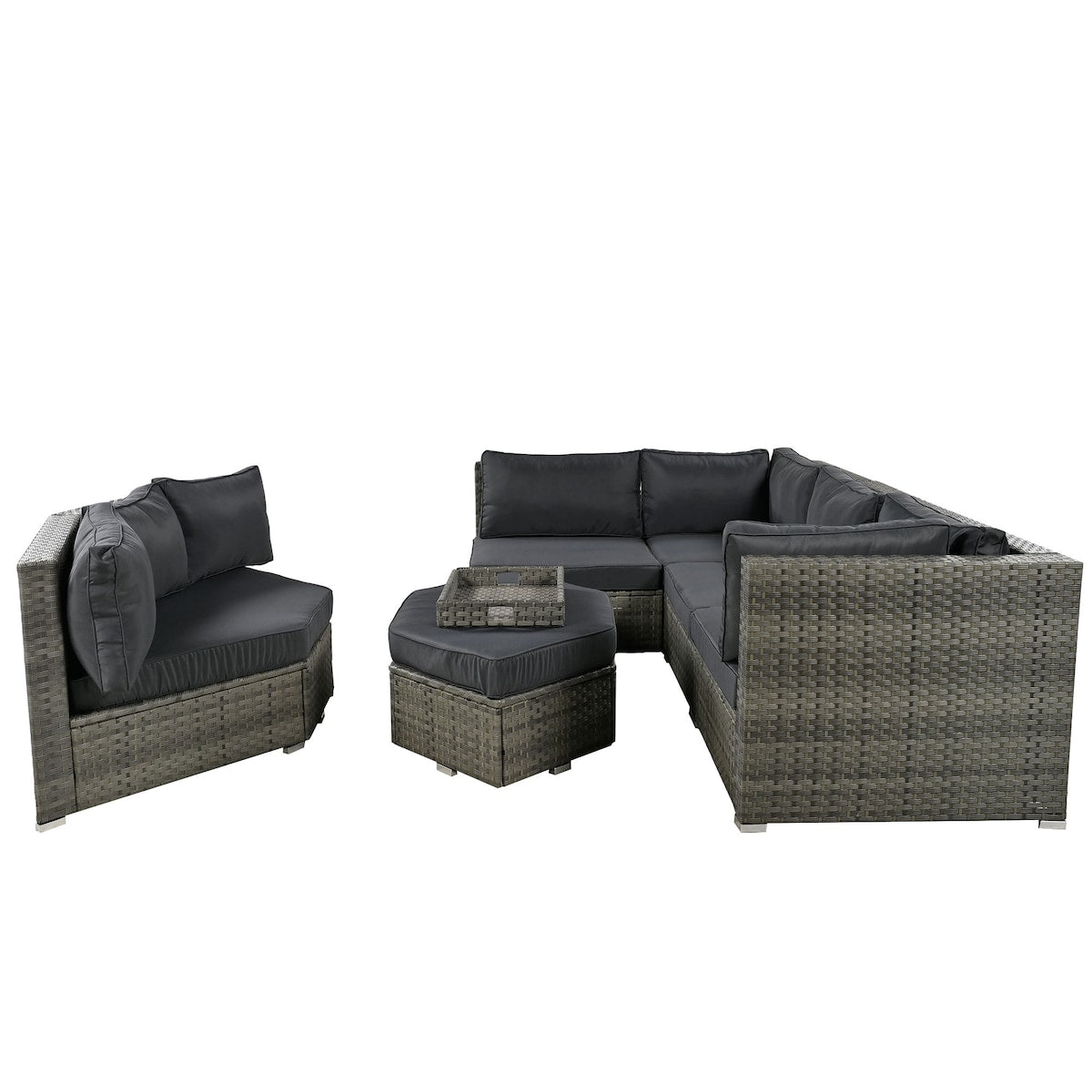 Modular Outdoor Couch Patio Furniture Set with Ottoman and Cushions and Small Trays