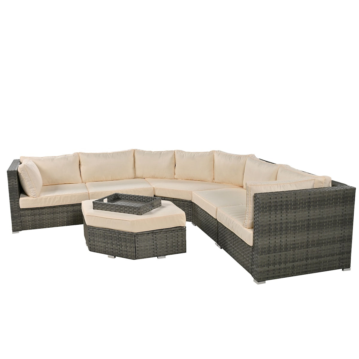 Modular Outdoor Couch Patio Furniture Set with Ottoman and Cushions and Small Trays
