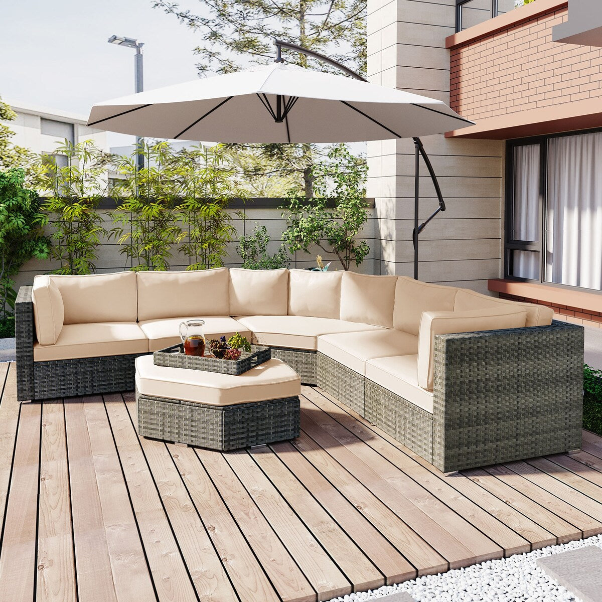 Modular Outdoor Couch Patio Furniture Set with Ottoman and Cushions and Small Trays