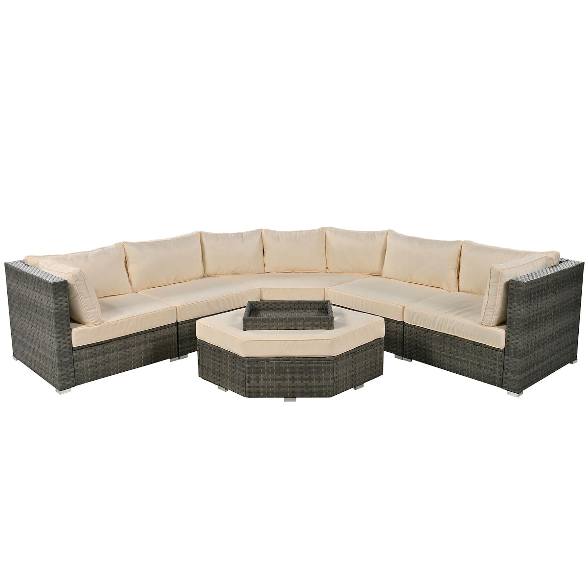 Modular Outdoor Couch Patio Furniture Set with Ottoman and Cushions and Small Trays