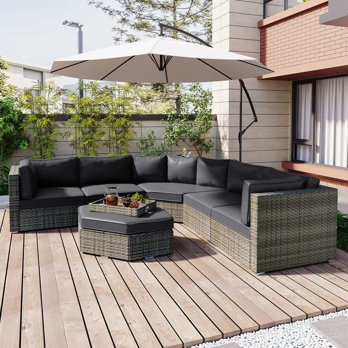 Modular Outdoor Couch Patio Furniture Set with Ottoman and Cushions and Small Trays