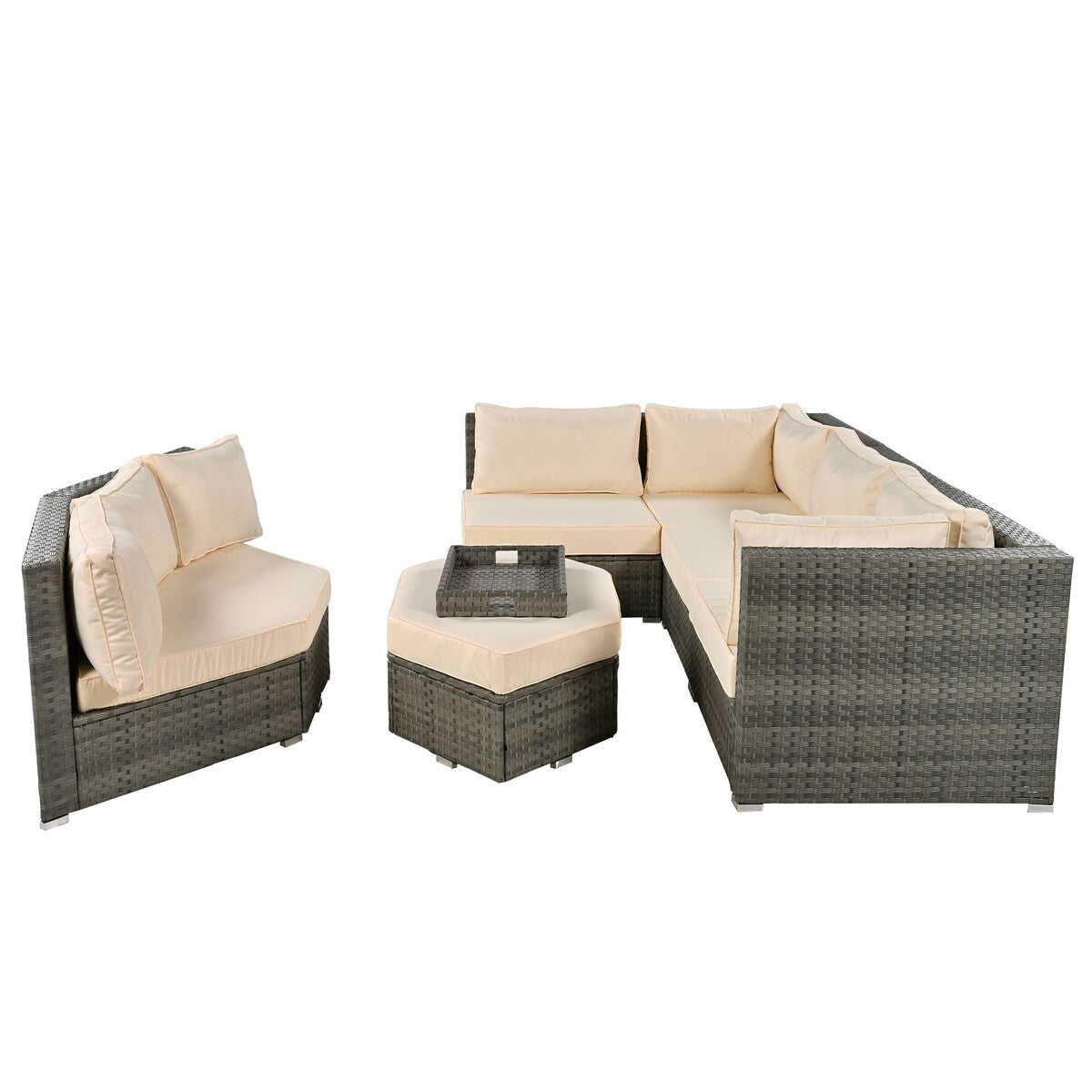 Modular Outdoor Couch Patio Furniture Set with Ottoman and Cushions and Small Trays