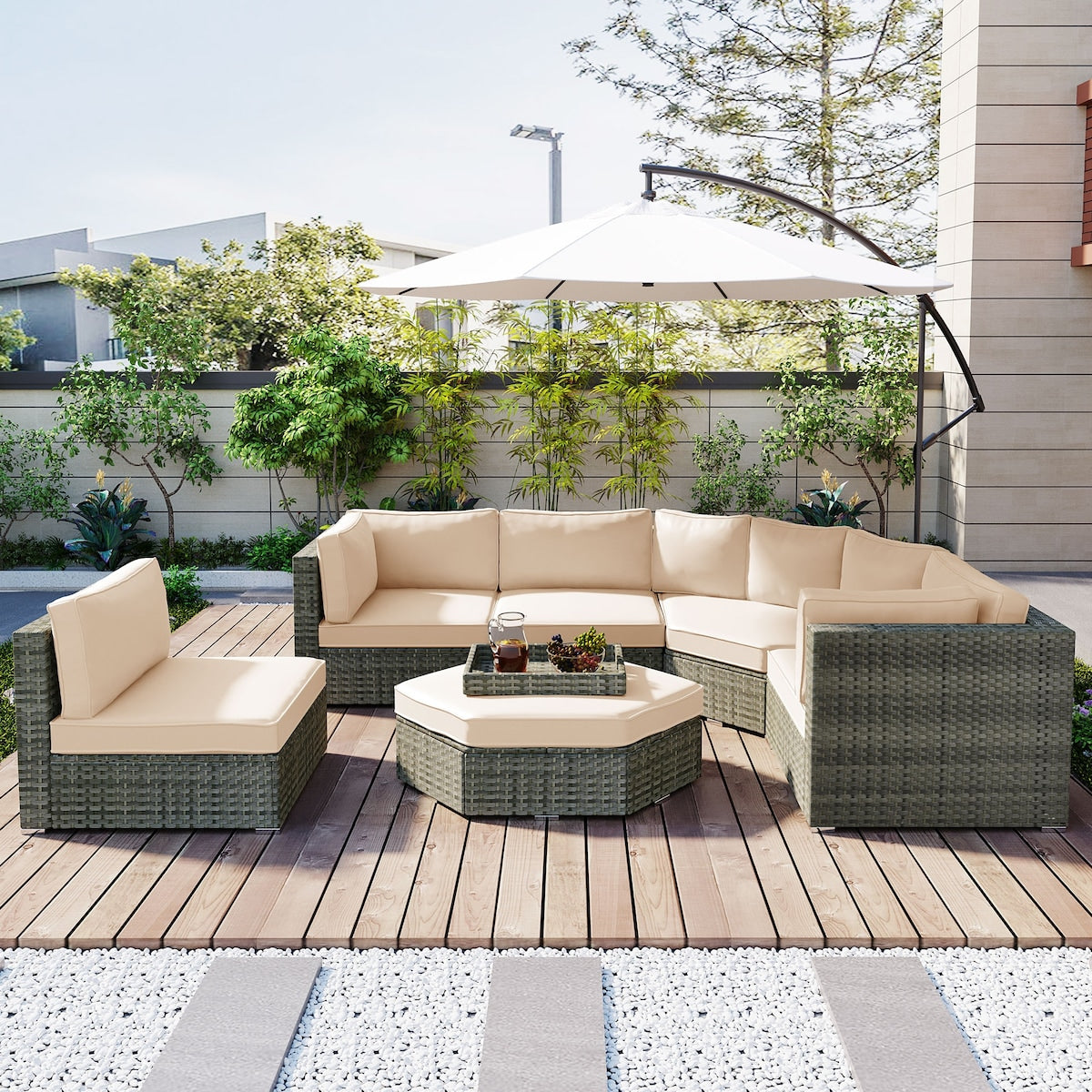 Modular Outdoor Couch Patio Furniture Set with Ottoman and Cushions and Small Trays