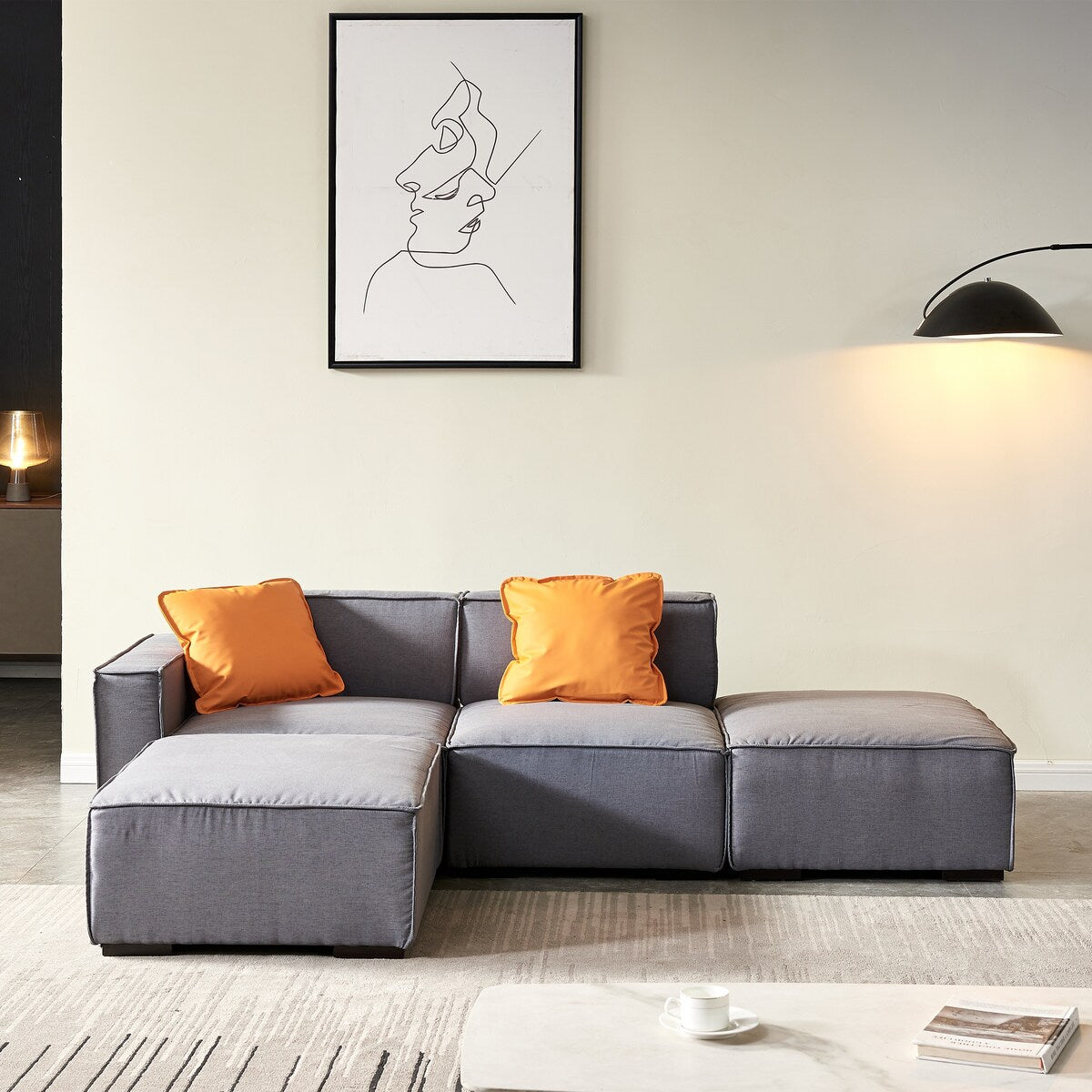 Modular Sofa L Shape Sofa & Chaise Sectional Couch with Convertible Ottoman Chaise