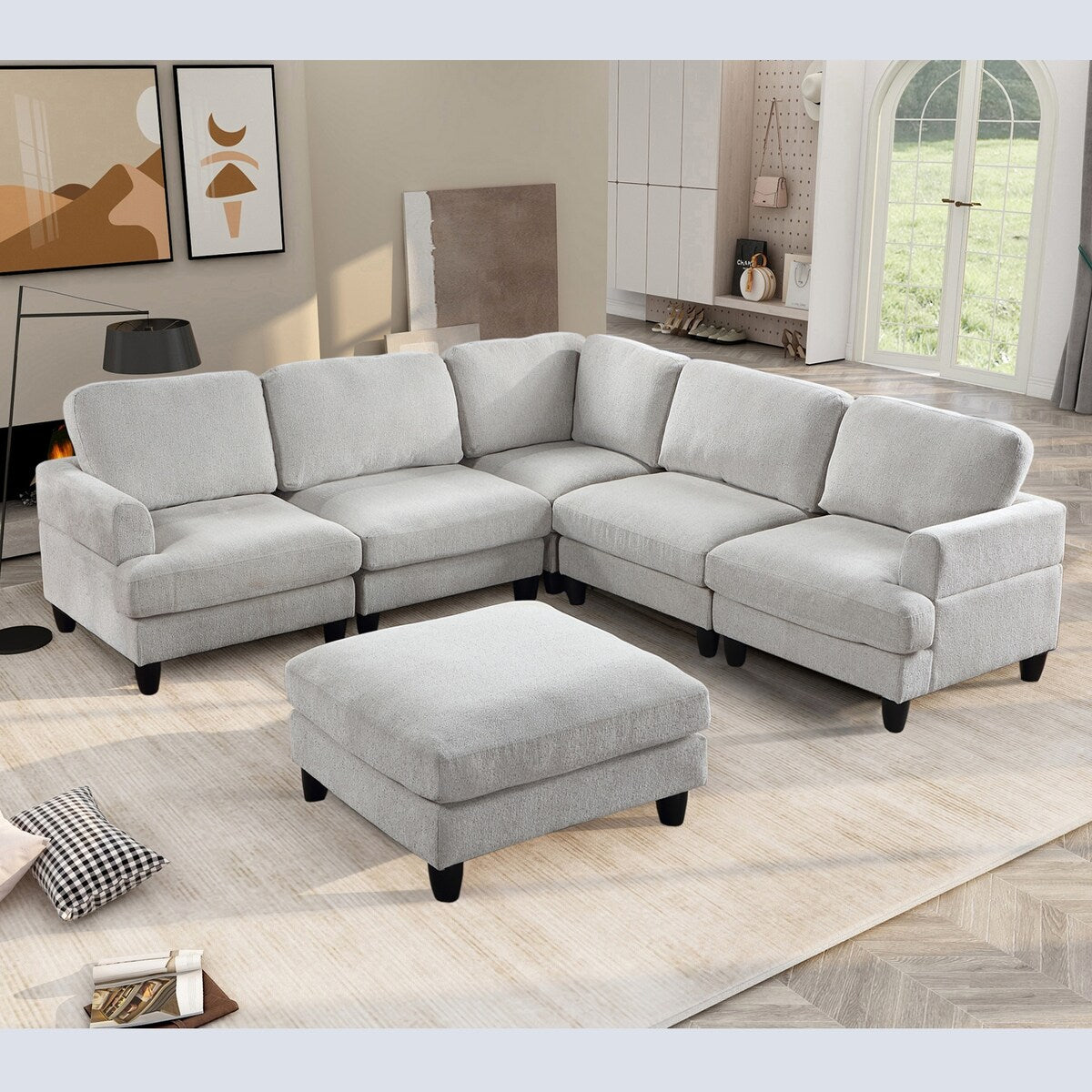 Modular Sofa, Sectional Couch U Shaped Sofa Couch with Ottoman, 6 Seat Chenille Corner Sofa for Living Room