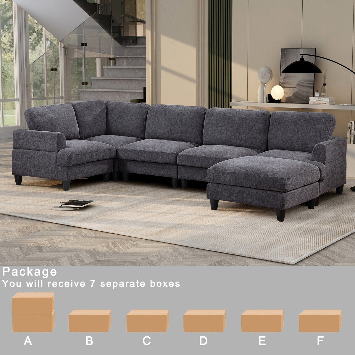 Modular Sofa, Sectional Couch U Shaped Sofa Couch with Ottoman, 6 Seat Chenille Corner Sofa for Living Room