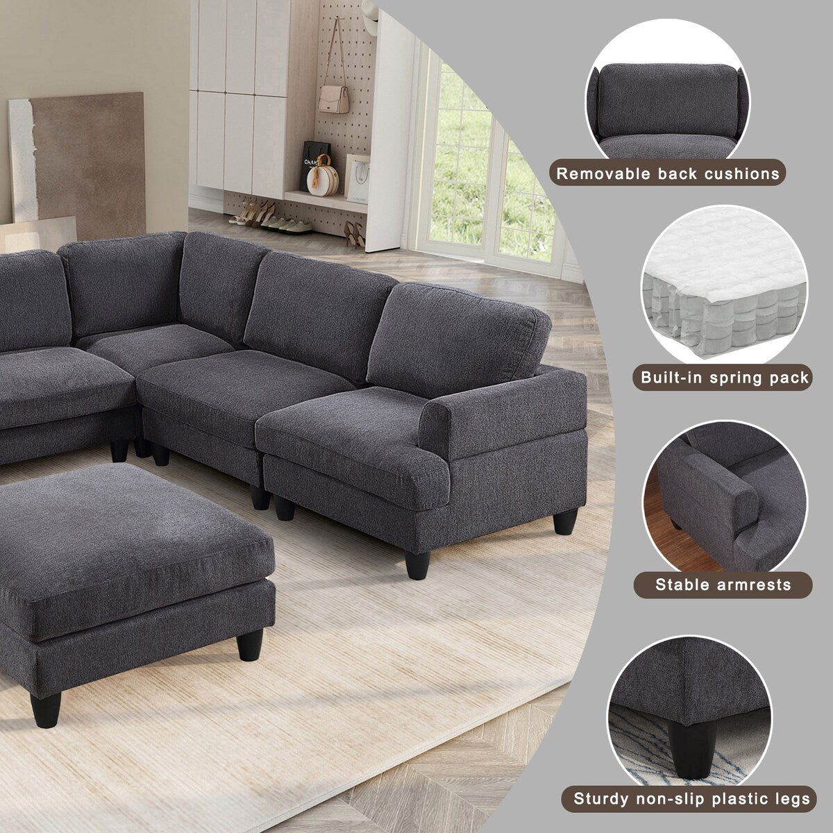 Modular Sofa, Sectional Couch U Shaped Sofa Couch with Ottoman, 6 Seat Chenille Corner Sofa for Living Room