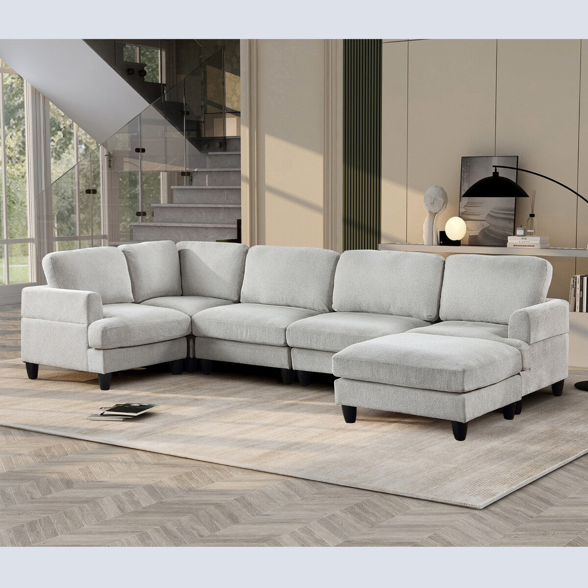 Modular Sofa, Sectional Couch U Shaped Sofa Couch with Ottoman, 6 Seat Chenille Corner Sofa for Living Room