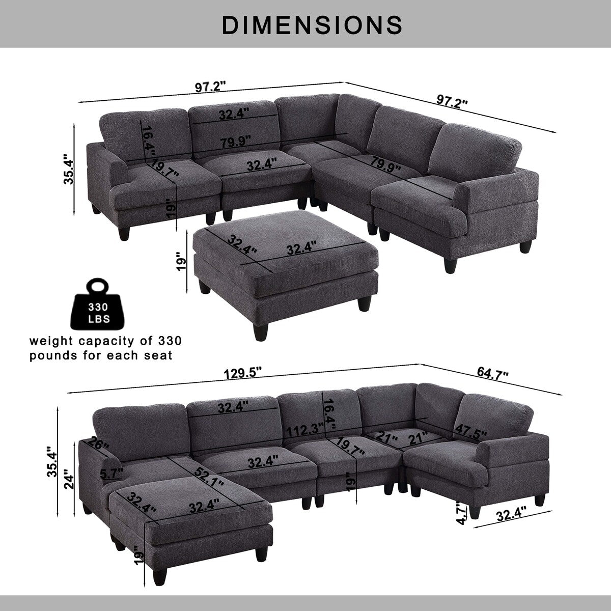 Modular Sofa, Sectional Couch U Shaped Sofa Couch with Ottoman, 6 Seat Chenille Corner Sofa for Living Room