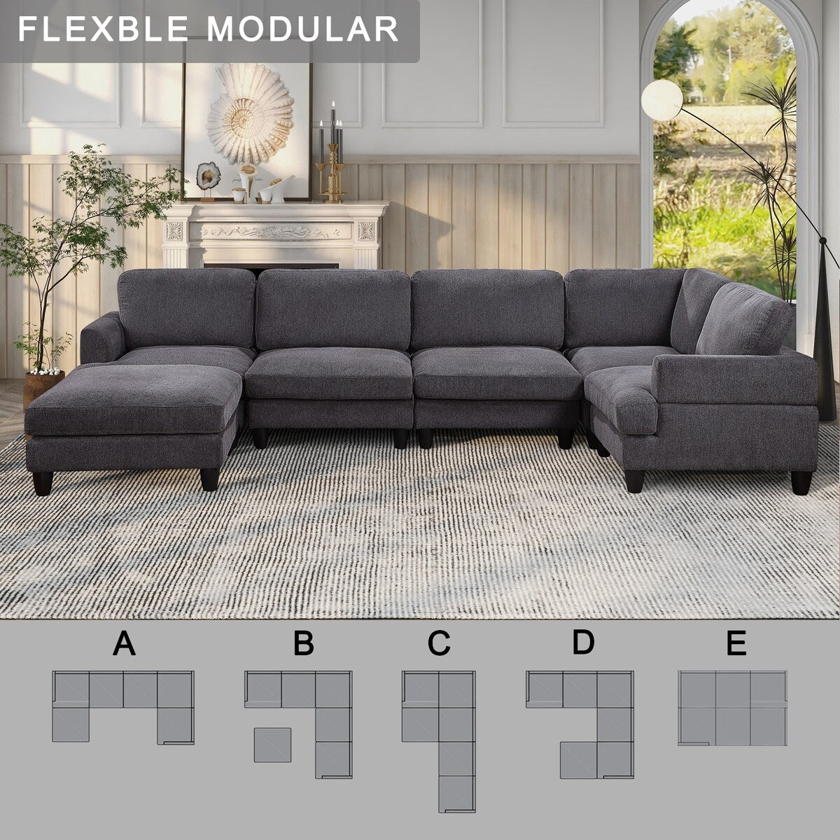 Modular Sofa, Sectional Couch U Shaped Sofa Couch with Ottoman, 6 Seat Chenille Corner Sofa for Living Room
