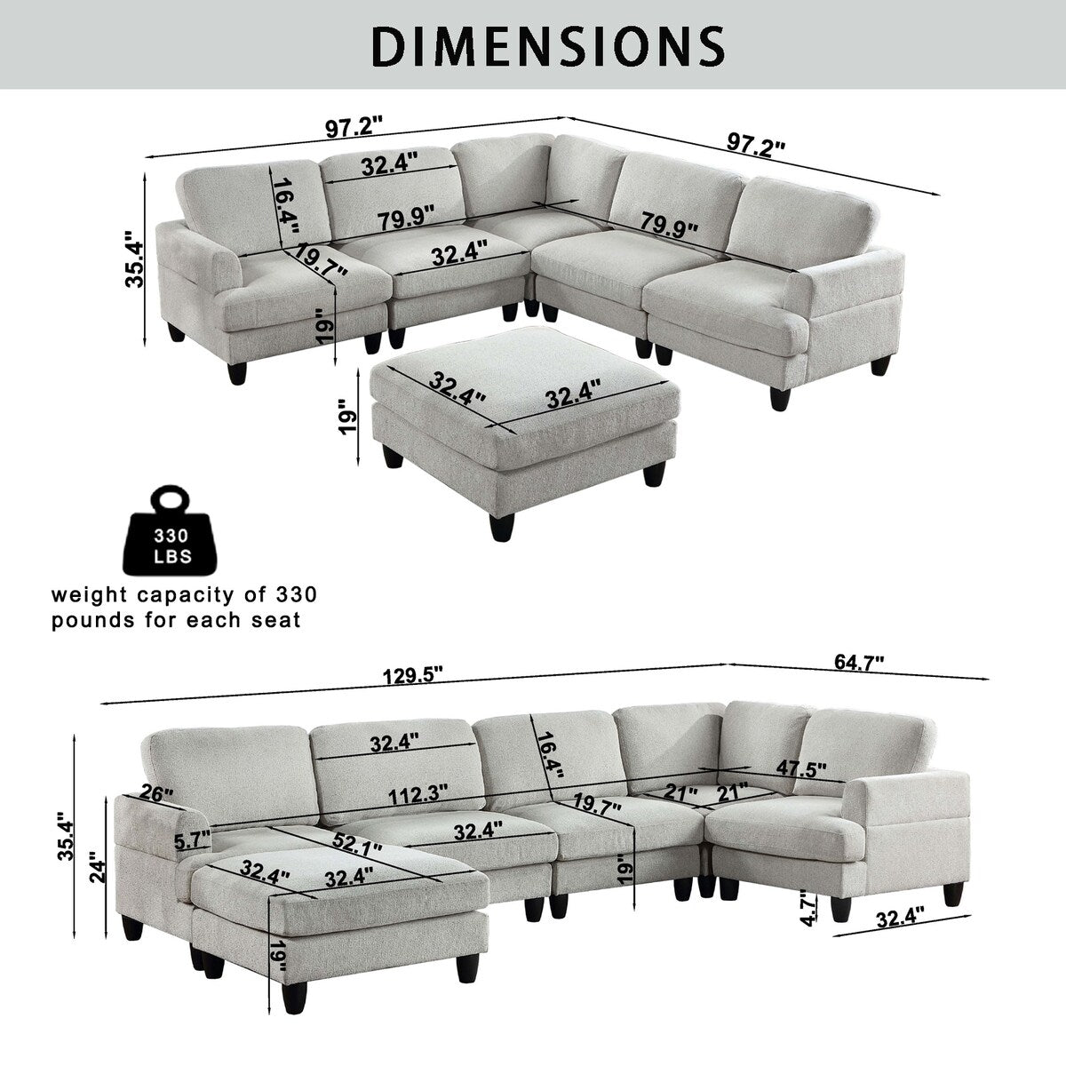 Modular Sofa, Sectional Couch U Shaped Sofa Couch with Ottoman, 6 Seat Chenille Corner Sofa for Living Room